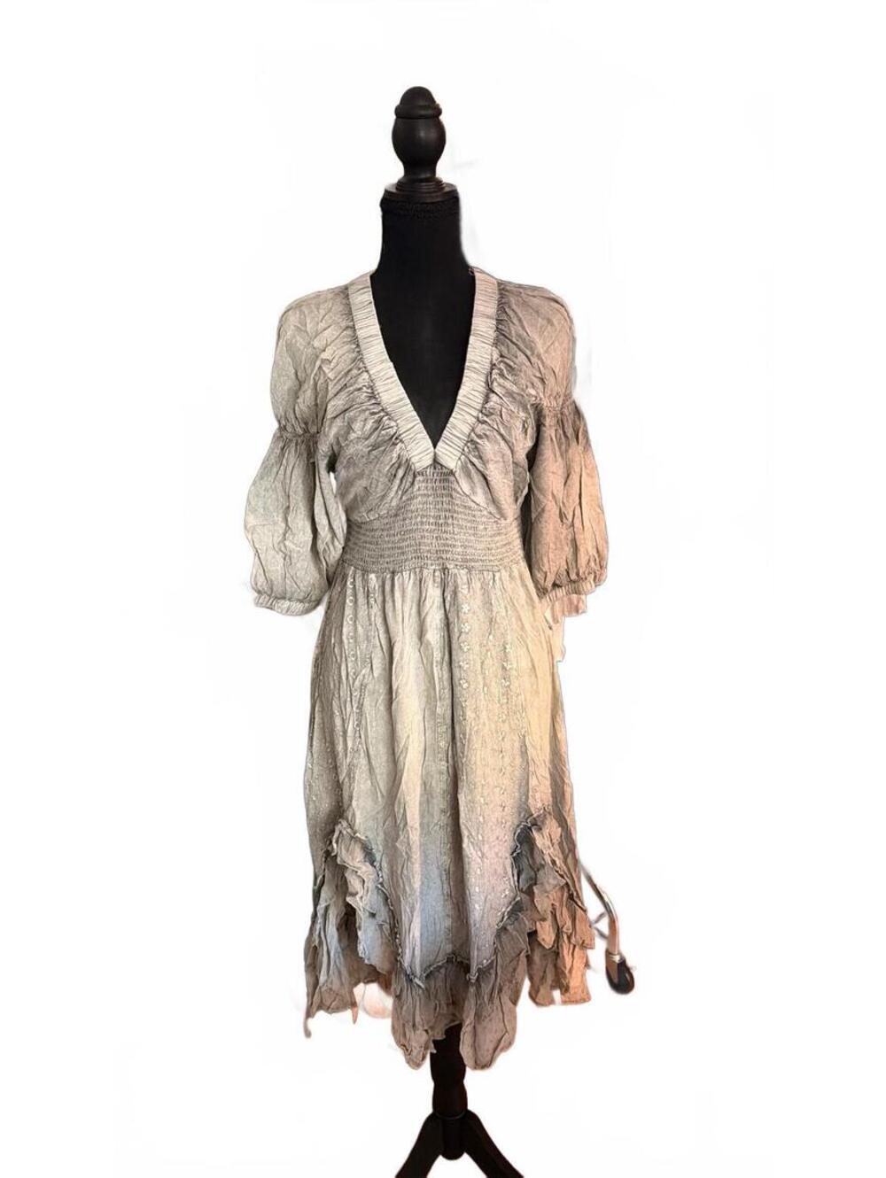 YOUNG THREADS Embroidered Boho Smocked Midi Dress Grey NWT Small
